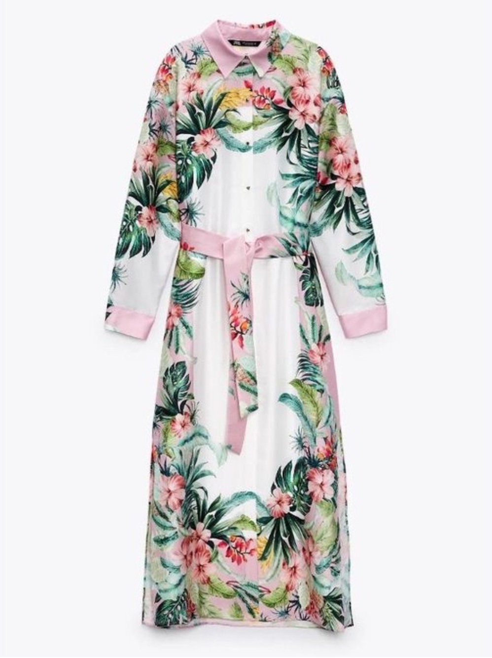 Zara Pink Tropical Print Shirt Dress with Green Leaf Accents